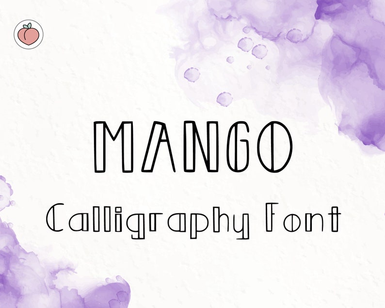 May include: A calligraphy font design with the word "MANGO" in black text on a white background with purple watercolour splatter.