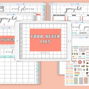 May include: A digital planner with a pink background and a white grid. The planner includes sections for meal planning, grocery lists, and meal prep. The text "FOOD NEVER LIES" is displayed in a white box on a pink background.