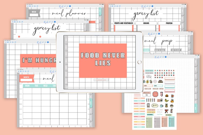 May include: A digital planner with a pink background and a white grid. The planner includes sections for meal planning, grocery lists, and meal prep. The text "FOOD NEVER LIES" is displayed in a white box on a pink background.