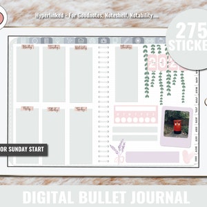 Puede incluir: Una plantilla de diario digital para iPad con un esquema de color gris y blanco. La plantilla incluye un planificador semanal, un rastreador de hábitos y una sección de notas. La plantilla está hipervinculada para su uso con las aplicaciones Goodnotes, Noteshelf y Notability. La imagen también incluye el texto "275+ STICKERS" y "MONDAY OR SUNDAY START".