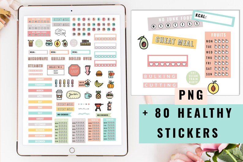 Puede incluir: Un planificador digital con 80 pegatinas saludables. Las pegatinas son de varios colores y presentan iconos como frutas, verduras y equipos de fitness. El planificador incluye secciones para hacer un seguimiento de las comidas, los entrenamientos y el progreso. El texto "+ 80 PEGATINAS SALUDABLES" se muestra en un cuadro turquesa.