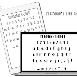 May include: A digital illustration of the Mango font, showing all uppercase letters, numbers, and punctuation marks. The font is a bold, sans-serif typeface with rounded corners. The text reads "MANGO FONT" and includes the phrase "PERSONAL USE ONLY".