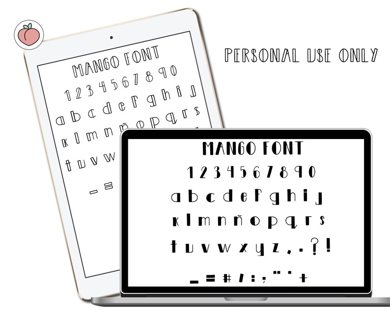 May include: A digital illustration of the Mango font, showing all uppercase letters, numbers, and punctuation marks. The font is a bold, sans-serif typeface with rounded corners. The text reads "MANGO FONT" and includes the phrase "PERSONAL USE ONLY".