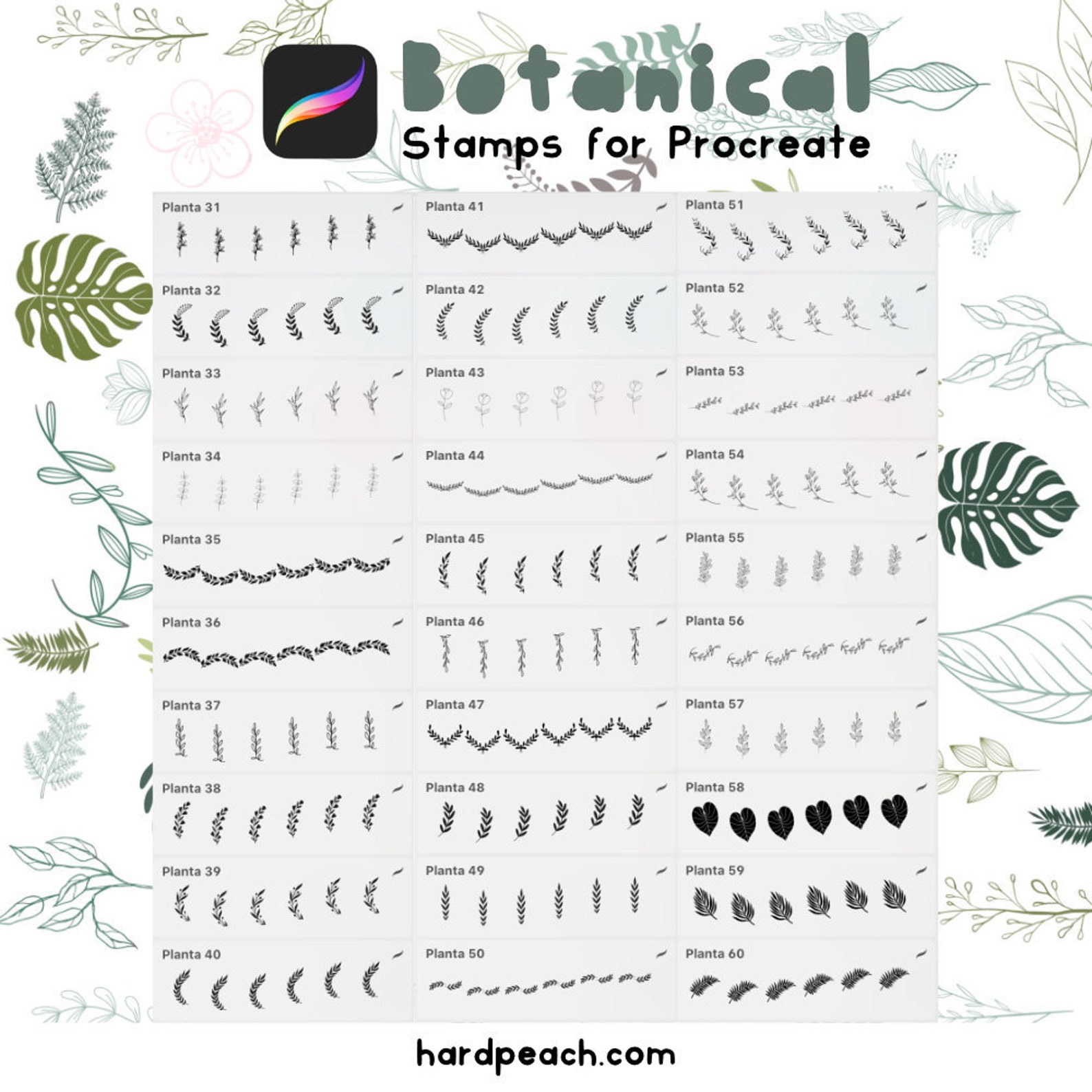 88 Procreate Botanical Stamps | Procreate Leaves | Stamps for Procreate ...