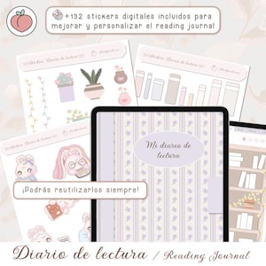 Puede incluir: Un diario de lectura digital con una portada a rayas blancas y moradas. La portada dice "Mi diario de lectura". El diario viene con 132 pegatinas digitales para personalizarlo. Las pegatinas incluyen lindas ilustraciones de conejos, libros, plantas y otros elementos relacionados con la lectura.