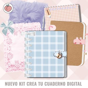 May include: A digital planner kit with four different covers. The covers are a light blue gingham pattern, a pink and white lace pattern, a light brown corkboard pattern, and a light pink and white gingham pattern. The text "NUEVO KIT CREA TU CUADERNO DIGITAL" is at the bottom of the image.