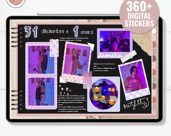 Può includere: Un album fotografico digitale con sfondo nero e tema rosa e viola. L'album presenta foto di persone che festeggiano la notte di Capodanno, con testo in spagnolo che dice "31 diciembre + 1 enero" e "familia".