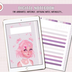 May include: Digital notebook cover featuring a pink and white illustration of a girl with pink hair and a white shirt. The cover has a grid pattern and pink flowers. The text "DIGITAL NOTEBOOK" is at the top of the cover. The text "FOR GOODNOTES, NOTESHELF, SAMSUNG NOTES, NOTABILITY..." is below the title.