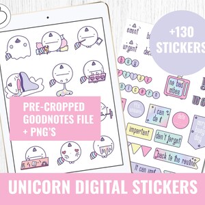May include: A digital sticker pack featuring over 130 pre-cropped Goodnotes stickers with a unicorn theme. The stickers are in a variety of colors and feature cute illustrations of unicorns, rainbows, and other magical creatures. The stickers are perfect for adding a touch of whimsy to your notes, planners, and journals.