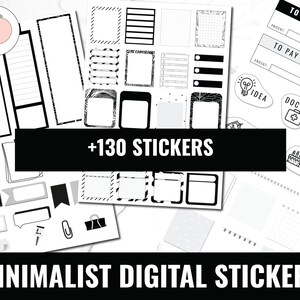 May include: A set of over 130 minimalist digital stickers in black and white. The stickers include various shapes, sizes, and designs, such as boxes, lines, and text boxes. The stickers are perfect for adding a touch of style to digital planners, notes, and other documents.