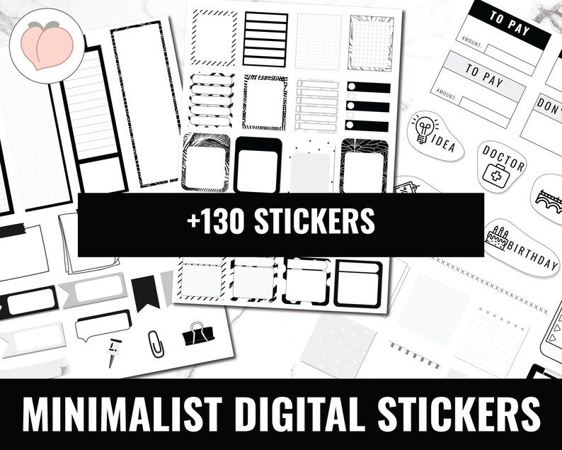 May include: A set of over 130 minimalist digital stickers in black and white. The stickers include various shapes, sizes, and designs, such as boxes, lines, and text boxes. The stickers are perfect for adding a touch of style to digital planners, notes, and other documents.