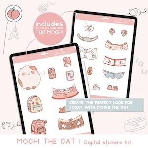 Puede incluir: Kit de pegatinas digitales con un lindo gato de dibujos animados llamado Mochi. El kit incluye varios atuendos y accesorios para el gato, como un uniforme de enfermera, una mochila y una variedad de prendas de vestir. El texto "Crea el look perfecto para hoy con Mochi el gato" está incluido en la imagen.