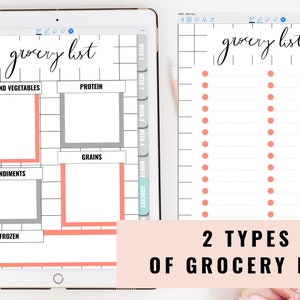 Puede incluir: Dos tipos diferentes de plantillas de lista de la compra en la pantalla de una tableta digital. La primera plantilla es una lista categorizada con secciones para frutas y verduras, prote&iacute;nas, cereales, condimentos y congelados. La segunda plantilla es una lista simple con dos columnas de puntos para marcar los art&iacute;culos.
