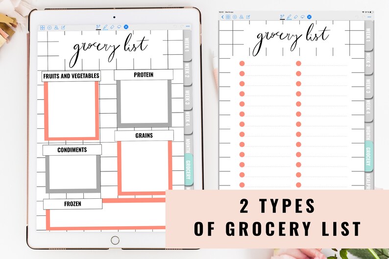 Puede incluir: Dos tipos diferentes de plantillas de lista de la compra en la pantalla de una tableta digital. La primera plantilla es una lista categorizada con secciones para frutas y verduras, prote&iacute;nas, cereales, condimentos y congelados. La segunda plantilla es una lista simple con dos columnas de puntos para marcar los art&iacute;culos.