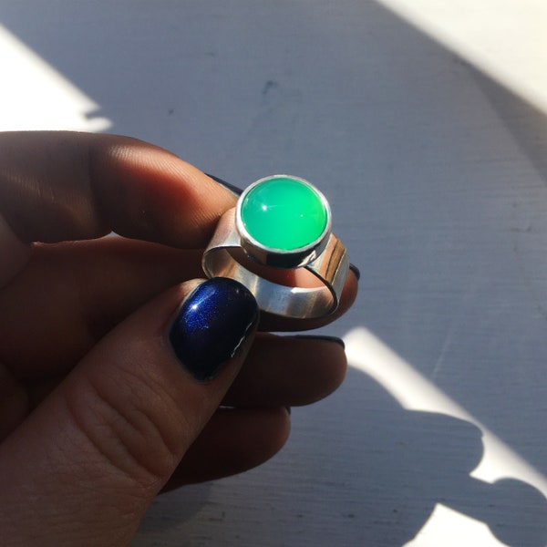 The Sam Ring, Green Agate Cabochon Stone, Boho Sterling Silver Ring, Stackable Statement Ring, Handmade Jewellery