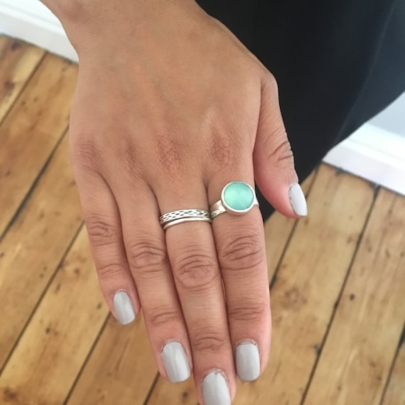 Synthetic Blue Chalcedony Stackable Ring Round with Freeform Silver, Size 5 to 9 Synthetic Blue Chalcedony Stackable Ring Round with Freeform Silver, Size 5 to 9