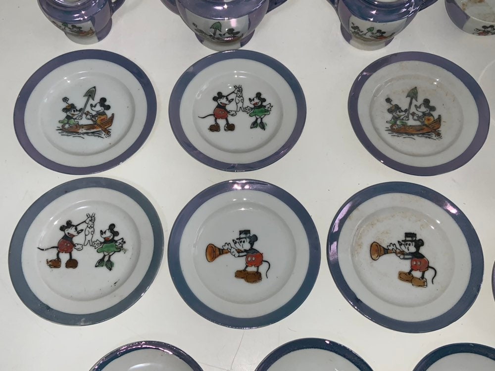 Antique 1930s Disney Mickey Mouse Blue Luster Tea Set 21 Pc Antique 1930s Disney Mickey Mouse Blue Luster Tea Set 21 Pc