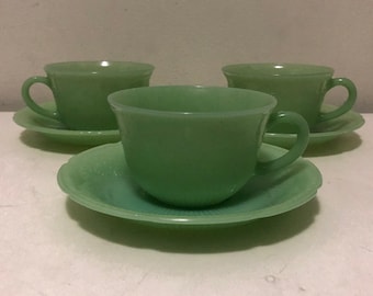 Set of 3 Fire King Jadeite: Jane Ray Tea Cups & Saucers; 6 Pc Lot; Vintage Jadite