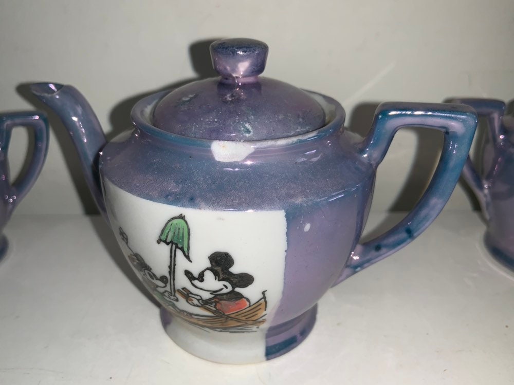 Antique 1930s Disney Mickey Mouse Blue Luster Tea Set 21 Pc Antique 1930s Disney Mickey Mouse Blue Luster Tea Set 21 Pc