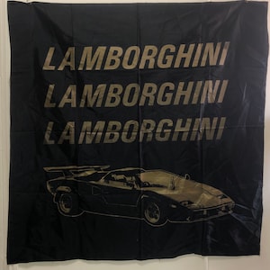 Lamborghini - 1980s Wall Hanging; 44”x45” Black w/ Gold; Vintage Flag Tapestry Textile