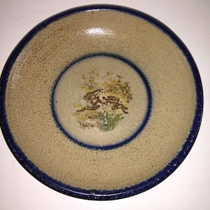 Monroe Salt Works RABBIT 10.75” Dinner Plate Tray Stoneware Blue Trim Transferware Maine