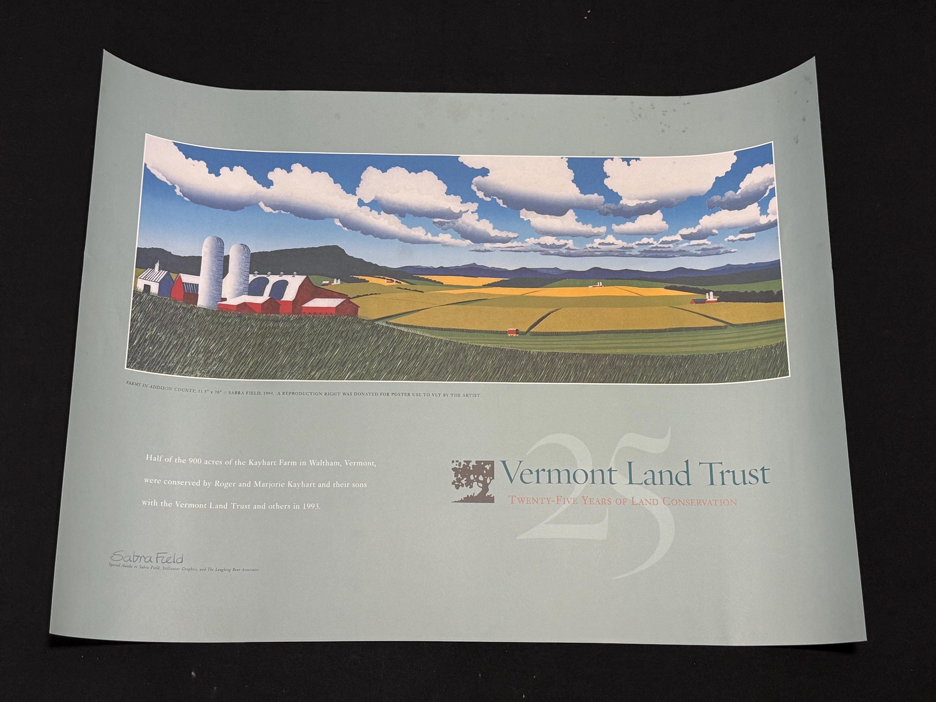 Sabra Field, Signed Vintage Poster w Lanscape Print; 24" x 18"; Vermont Land Trust 1993
