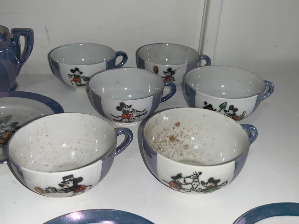 Antique 1930s Disney Mickey Mouse Blue Luster Tea Set 21 Pc Antique 1930s Disney Mickey Mouse Blue Luster Tea Set 21 Pc