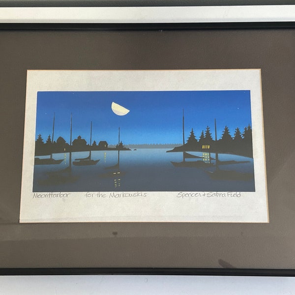 Sabra Field “Moon Harbor” Signed & Framed Print; Vermont Artist, Nautcial Seascape Landscape