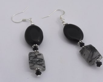 Black Agate Quartz Earrings, Black Bicone Crystals, Sterling Silver Beads, Sterling Silver Ear Wires, 2"