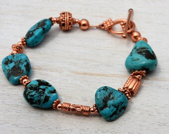 Turquoise and Copper Bracelet, Real Gemstone Beads, Toggle Clasp