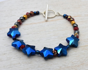 Pulsera patriótica con estrella de cristal azul, plata de ley