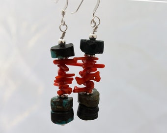 Turquoise and Coral Earrings, Sterling Silver, Southwest Style Jewelry, Red and Blue Earrings, Boho Accessories, Genuine Gemstones, 1.5"