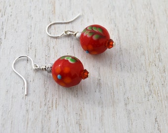 Red Lampwork Earrings, Sterling Silver Ear Wires, 1.25" Dangles