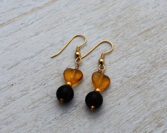 Czech Heart and Smokey Quartz Earrings, Gold Filled, 1"