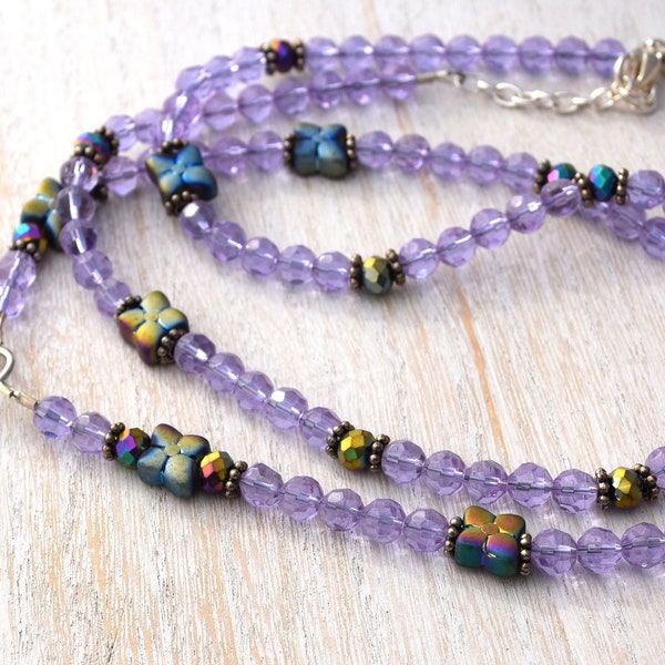 Adjustable Purple Flower Beaded Lanyard, Swivel Clip, 26"