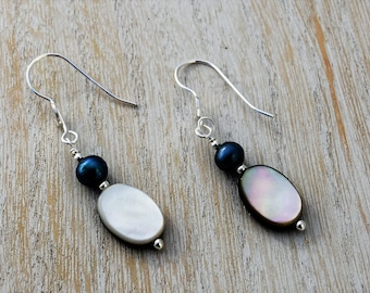 Mother of Pearl Earrings, Sterling Silver, Dangles, 2"