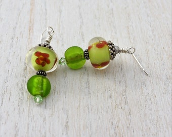 Lime Green Handmade Lampwork Earrings, Red Flowers, Czech Glass Beads, Sterling Silver Bead Caps, SS Ear Wires, 2" Dangles