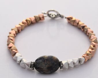 Jasper Agate Bracelet, Brushed Metallic Pewter Beads, Copper and Silver, Handmade Artisan Jewelry, Pewter Toggle Clasp 7.5"