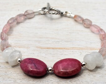 Rhodochrosite Bracelet, Moonstone Beads, Sterling Silver Toggle, 7"