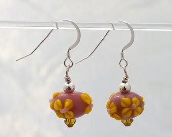 Lampwork Bead Earrings, Crystal Bicones, Yellow and Pink, Easter Dangles, Spring, Sterling Silver Ear Wires, 1" Dangles