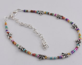 Dragonfly Anklet, Dainty Ankle Bracelet, Multiple Colors, Silver Plated, Dragonfly Beads, Adjustable up to 11"