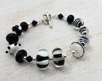 Black and White Lampwork Bead Sterling Silver Bracelet, 7.5"