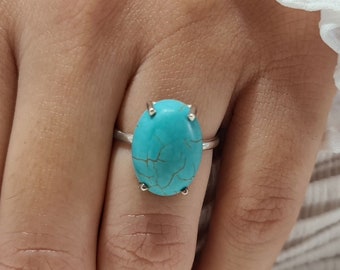 Turquoise ring, sterling silver with blue turquoise ring, oval turquoise ring, Ana Maria