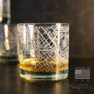 Honolulu Hawaii City Map Rocks Glass | On The Rocks Glass | New Home Housewarming Gift | Etched Engraved Whiskey Glass | WG077