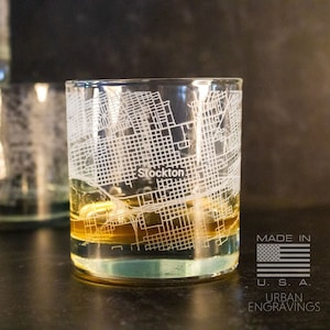 Stockton California City Map Rocks Glass | On The Rocks Glass | New Home Housewarming Gift | Etched Engraved Whiskey Glass | WG079