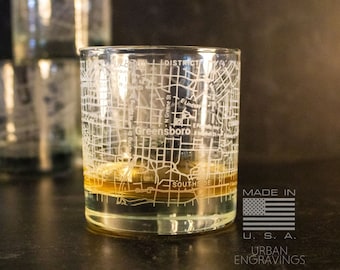 Greensboro North Carolina City Map Rocks Glass | On The Rocks Glass | New Home Housewarming Gift | Etched Engraved Whiskey Glass | WG089