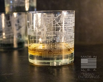 Lincoln Nebraska City Map Rocks Glass | On The Rocks Glass | New Home Housewarming Gift | Etched Engraved Whiskey Glass | WG091