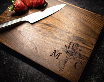 Wood Cutting Board, Personalized Cutting Board, Floral Engagement Gift For Couple, Personalized Charcuterie Board, Engraved Wedding, 315