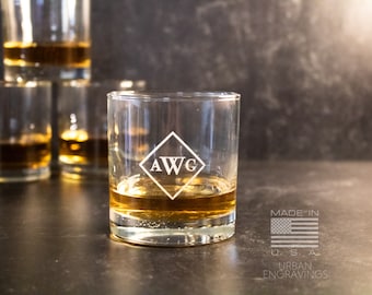 Custom Initial Monogrammed Scotch Glass | Etched Rocks Glass | On The Rocks Glass | Fathers Day Gift | Etched Engraved Whiskey Glass | WG009