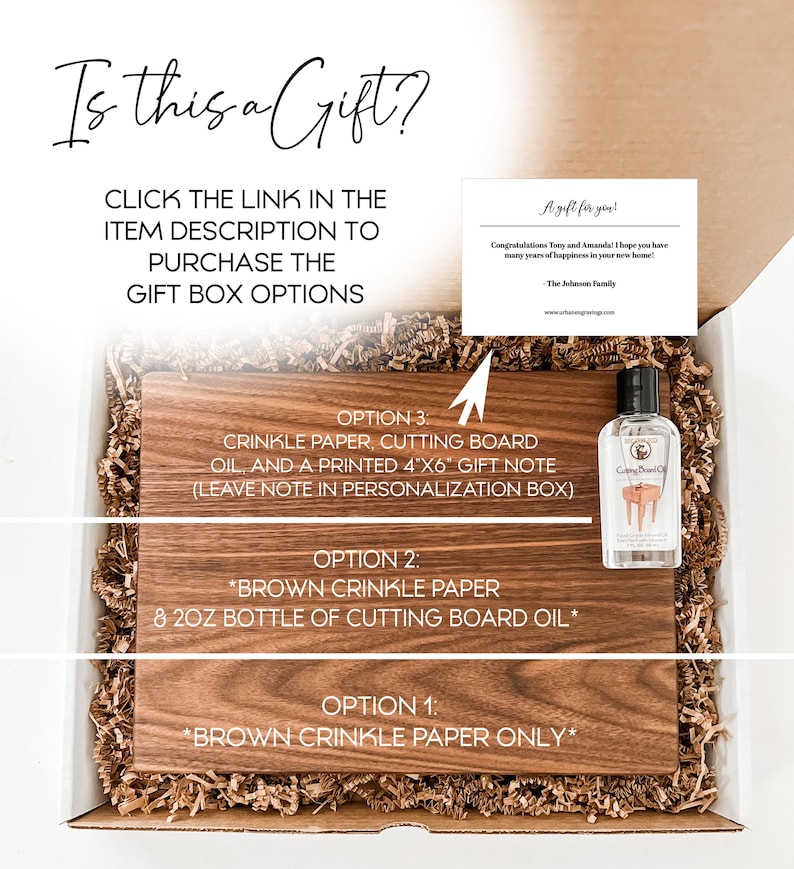The image is a gift box containing a brown crinkle paper cutting board, a bottle of brown crinkle paper oil, and a note. The box is labeled as a gift option for purchase, and there is a note indicating that the gift is for Tony and Amanda, who have many years of happiness in their new home.
